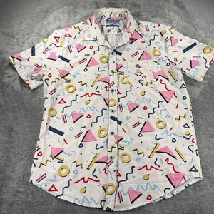 VSTR Men Short Sleeve Stretch Button Down Shirt Light Gray Geometric Retro Sz L